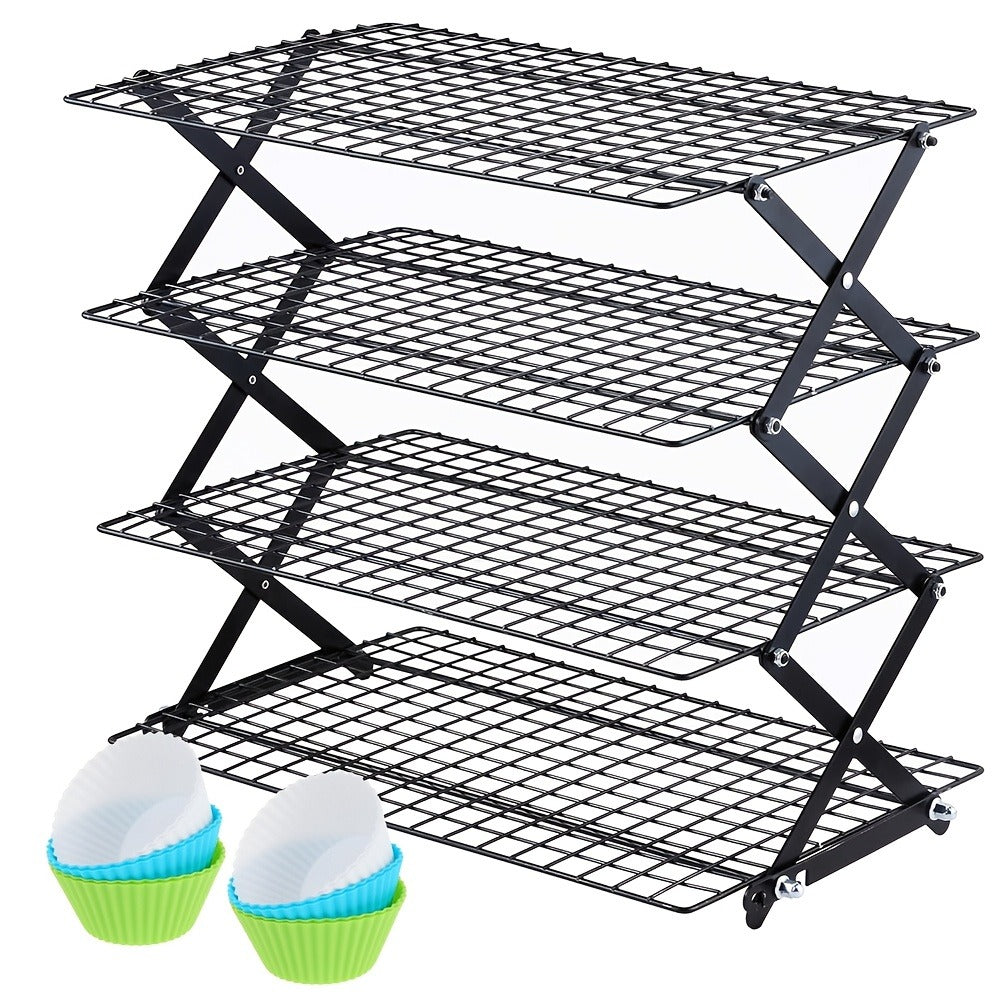 4-Tier Collapsible Cooling Rack Set with Muffin Cups – Metal Wire Baking Rack for Cookies Cakes for Grilling, Camping and Outdoor Meals