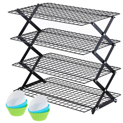 4-Tier Collapsible Cooling Rack Set with Muffin Cups – Metal Wire Baking Rack for Cookies Cakes for Grilling, Camping and Outdoor Meals
