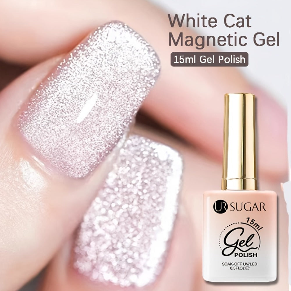White Glitter Cat Eye Gel Polish Set 2pc Sparkling Magnetic with Stick Included | Soak Off UV LED 0.51oz Each Semi-Permanent 3D Nail Art |