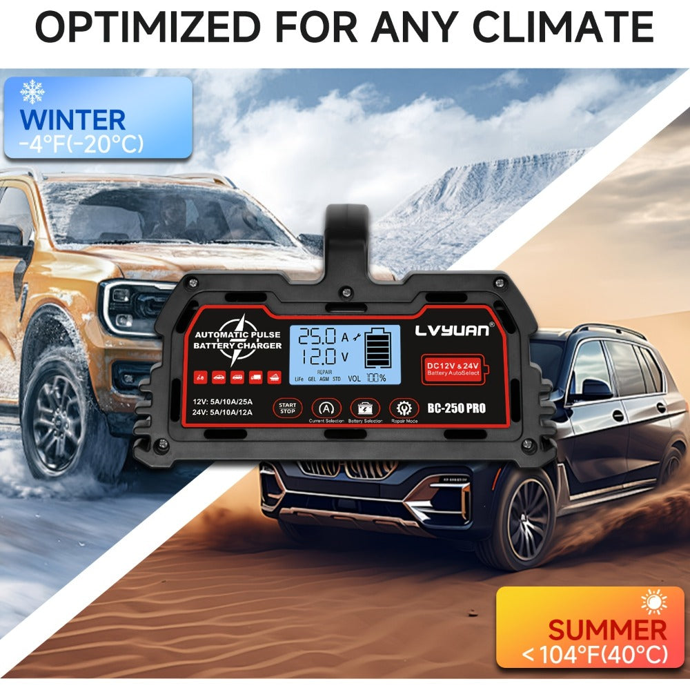 Smart Battery Charger 12V 25A 24V 12A 8-Stage Trickle Charger with Temperature Compensation for LiFePO4 Lead Acid Car Truck Motorcycle Boat