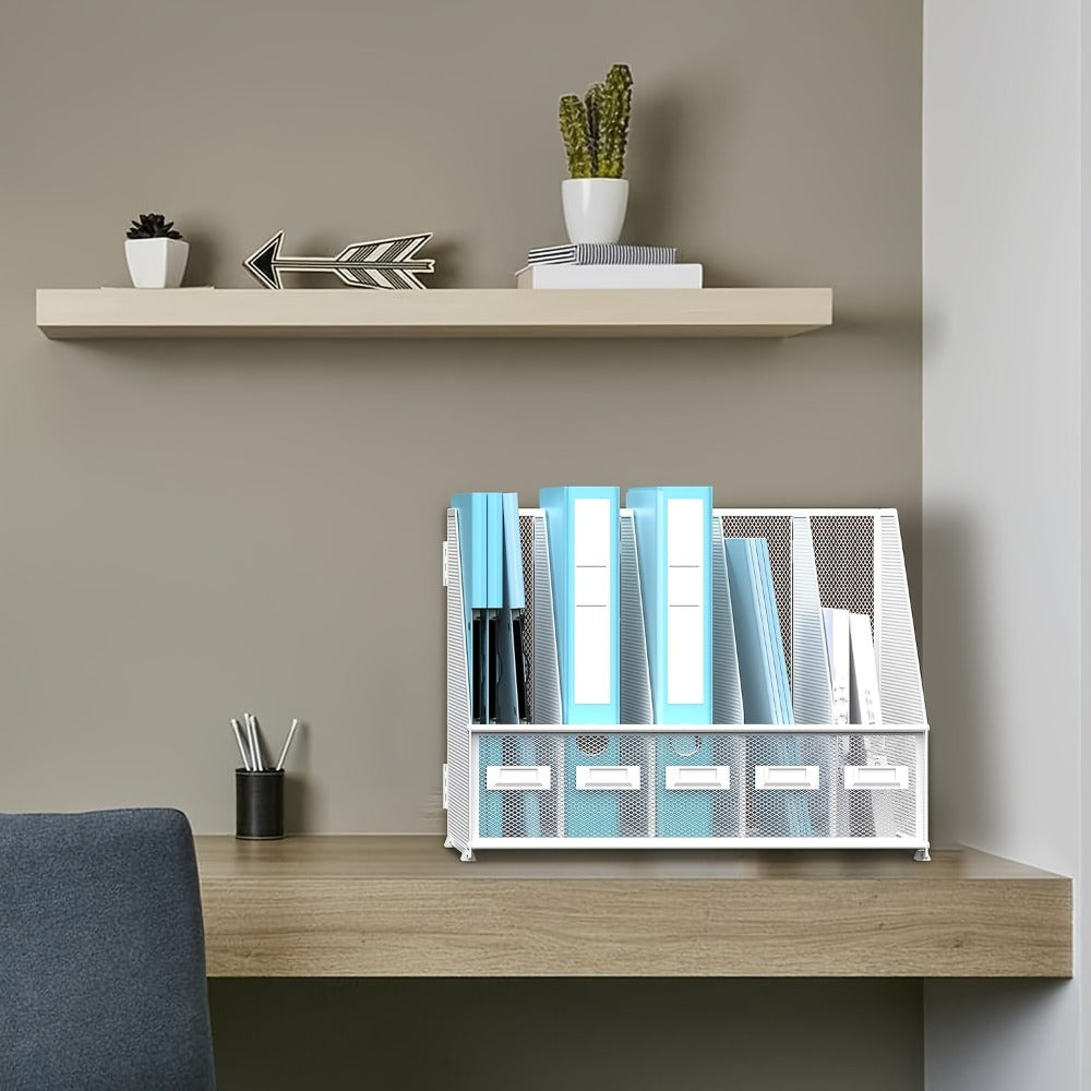Metal Desk File Organizer 5 Vertical Compartments Magazine Holder Desktop File Rack for Entryways, Bedrooms and Living Spaces