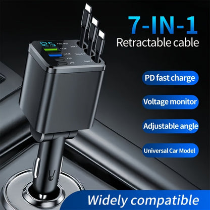 7-in-1 Car Fast Charger with 3 Retractable Cables, LED Digital Display, 180° Adjustable Arm, Universal Plug