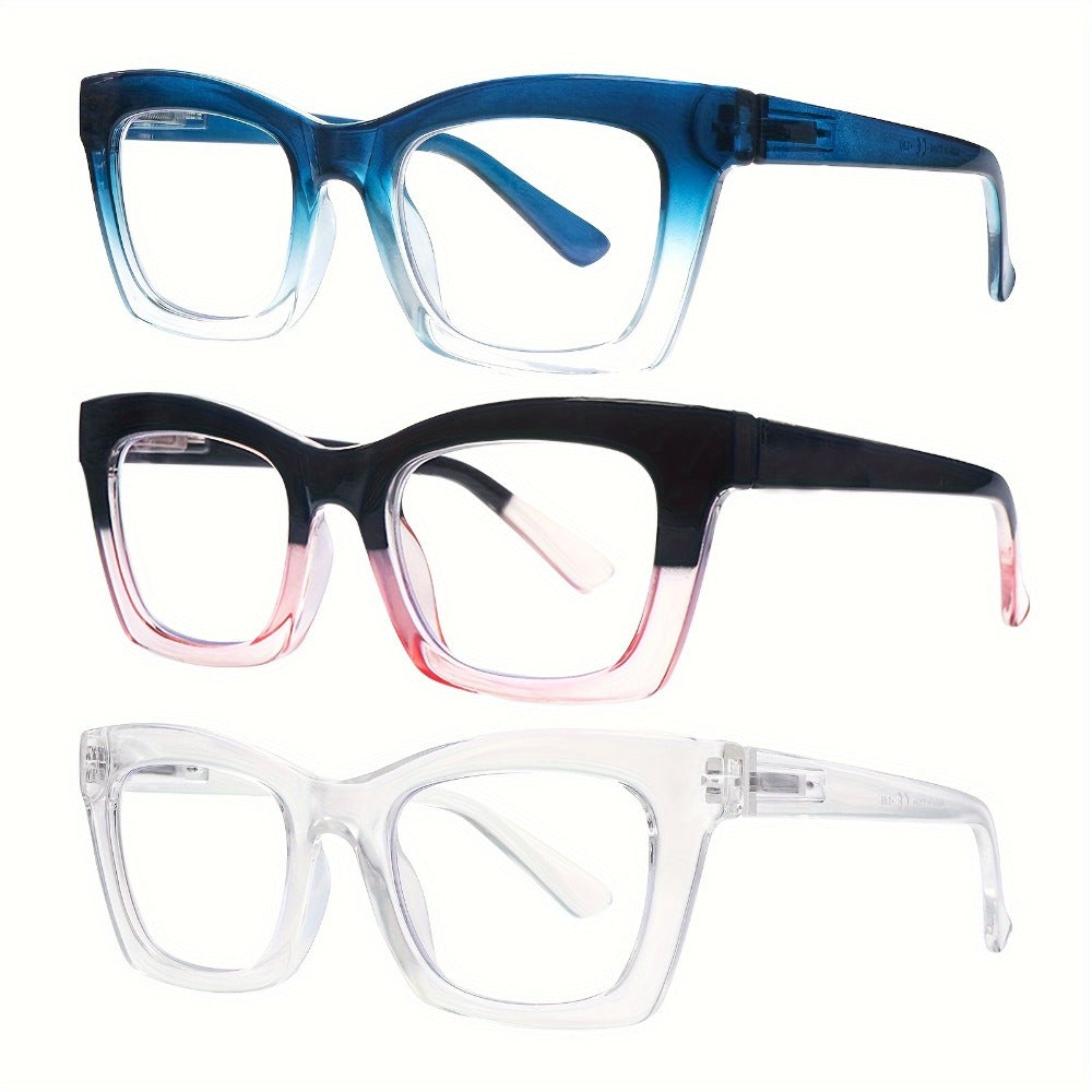 Reading Glasses – Three-Pair Square Reader Set with Spring Hinges, Cloths and Bags with Multiple Strength and Color Options