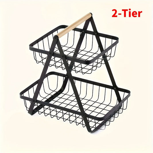 Freestanding Tiered Metal Wire Storage Basket with Wood-Tone Top Handle in Two- or Three-Tier Options