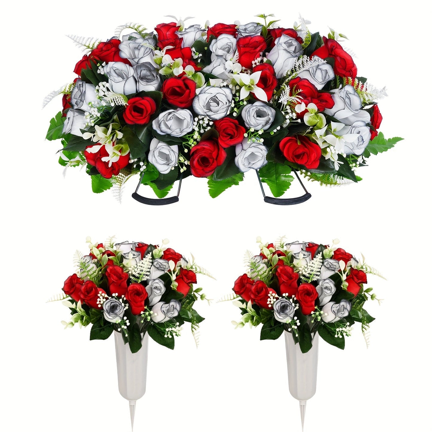 Artificial Cemetery Flowers for Grave with Saddle, Silk Rose Bouquet Headstone Decoration, Memorial Day Grave Flowers