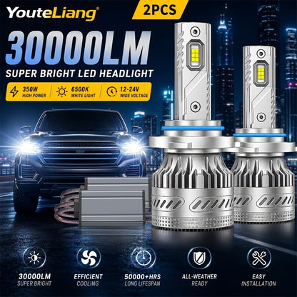 LED Headlight Bulbs 30000 Lumens 350W – H4 H11 9005/HB3 9006/HB4 9012/HIR2 | 6500K White 12V | 2-Pack Upgrade for Brighter Nighttime Driving