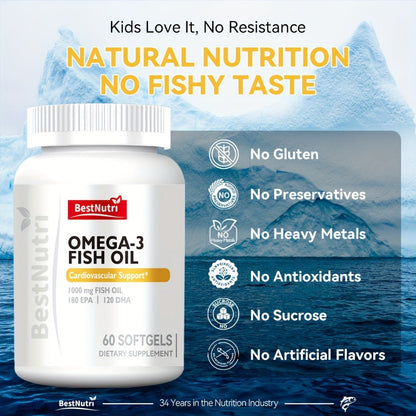 Omega-3 Fish Oil 2000mg Softgels with EPA & DHA, Cold-Extracted CGMP, Brain Vitality Heart Health Anti-Inflammatory Support