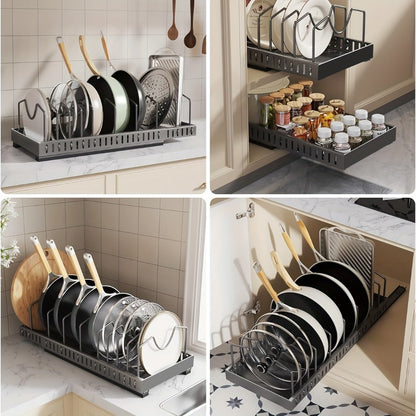 Pull-Out Pot and Pan Lid Rack Cabinet Sliding Storage Organizer – Kitchen Cabinet Slide-Out Box with 8/16 Adjustable Dividers for Lids