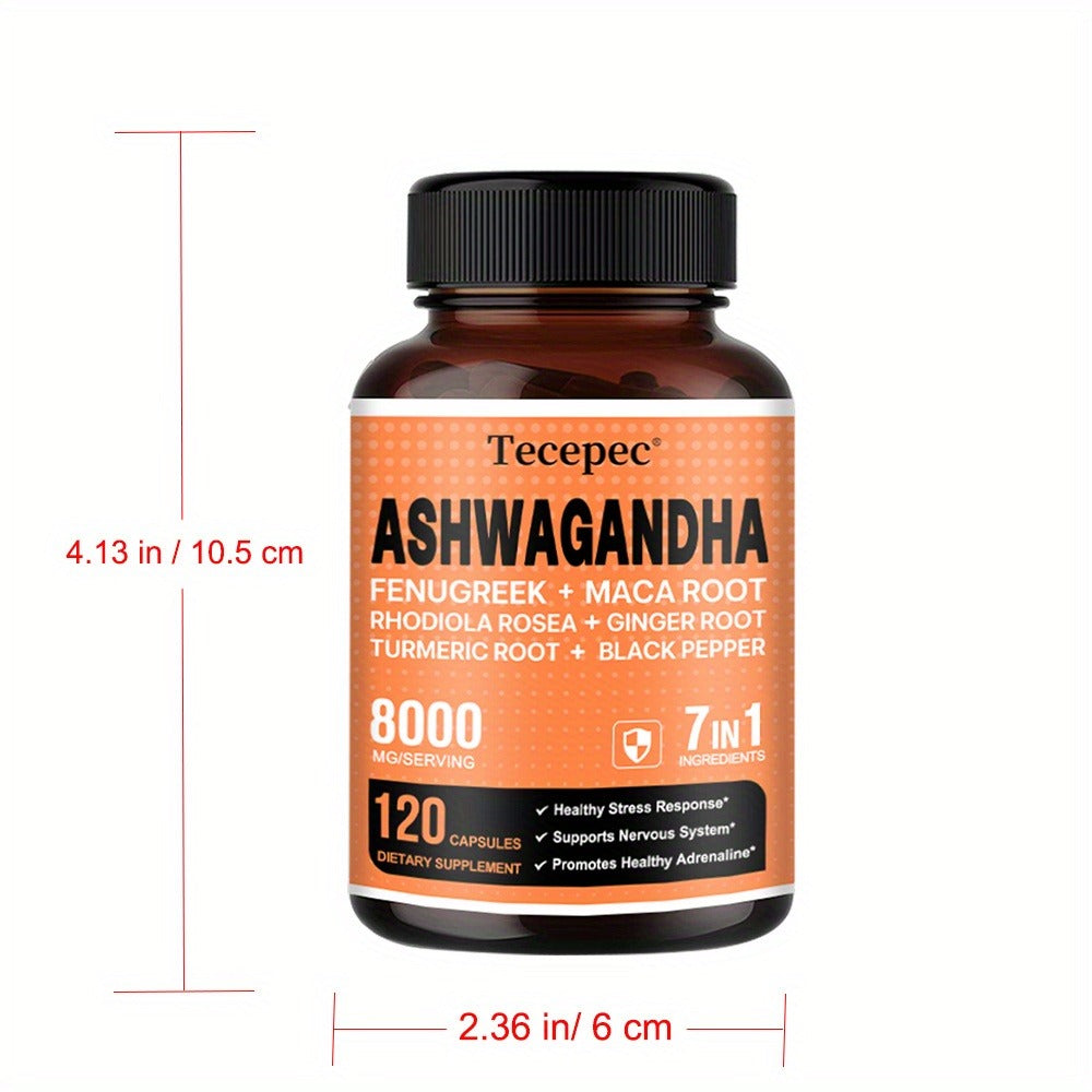 Ashwagandha Capsules 7-in-1 Adaptogen Blend 120ct with Maca Root Rhodiola Rosea Ginseng for Bath Time, Home Spa and Personal Care
