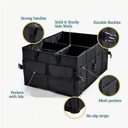 Car Trunk Storage Bag – Large Capacity Insulated Foldable Box with Handle for SUVs & Sedans, Sturdy Car Parts & Tools Organizer, Black