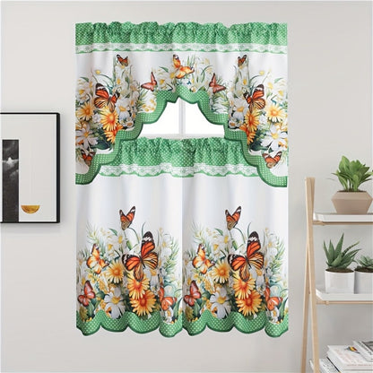 Three-Piece Butterfly Floral Window Curtain Set with Rod-Pocket Valance, Two Tiers and Four Colors