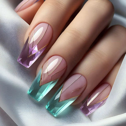 Glue On Nails, 120-Piece Medium Almond Set with Gradient Holographic Finish, Jelly Glue and Nail File