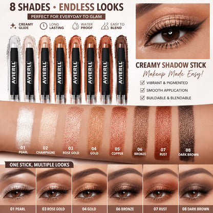Waterproof Eyeshadow Stick Set 8 Piece, Shimmer, Pearlescent & Matte Eye Shadow Pencils, Creamy Blendable Formula