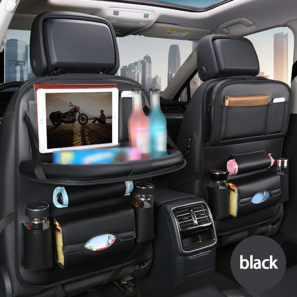 Car Rear Seat Organizer with Foldable Table, Footrest, Cup Holder, Tissue Box & Laptop Base – 2-Piece Premium Back Seat Storage Box Travel