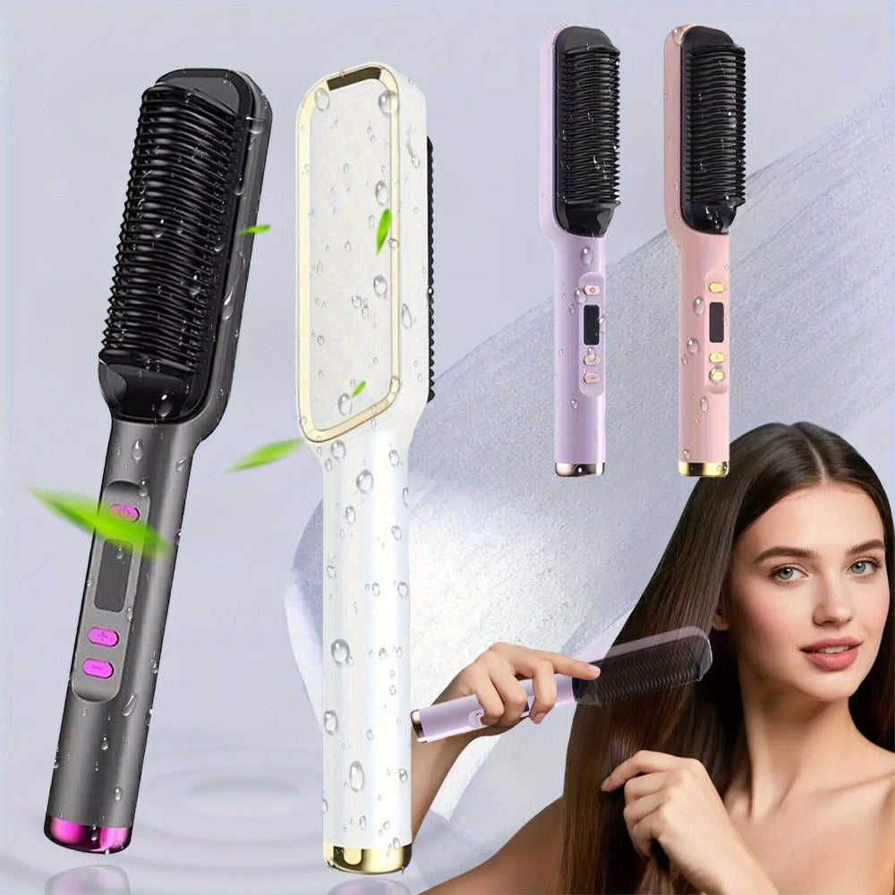 2-in-1 Hair Straightener & Curler LCD Display – 35-Second Fast Heat 4-Speed Temperature Anti-Scald Flat Iron Brush for Women with 2 Hairpins