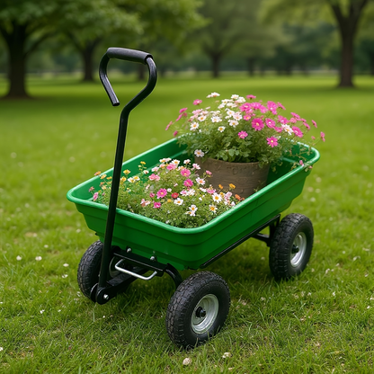 Utility Wagon Poly Bed Steel Frame Dump Cart with Built-in Stand, Towable Wheelbarrow for Garden