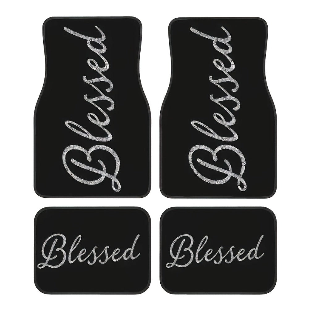 Blessed Script Car Floor Mats with Black Printed Surfaces in Two- or Four-Piece Set Options