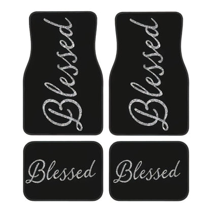 Blessed Script Car Floor Mats with Black Printed Surfaces in Two- or Four-Piece Set Options