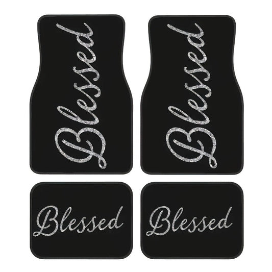 Blessed Script Car Floor Mats with Black Printed Surfaces in Two- or Four-Piece Set Options