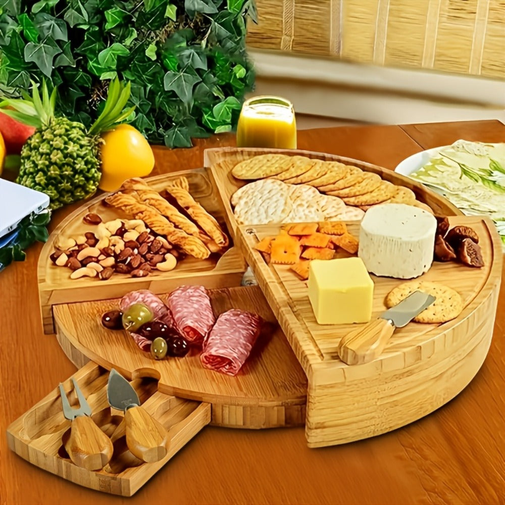 Bamboo Cheese Board Set with 2 Knives – Wood Charcuterie Platter Pizza Board Fruit Snack for Home Cooking, Dining and Outdoor Meals