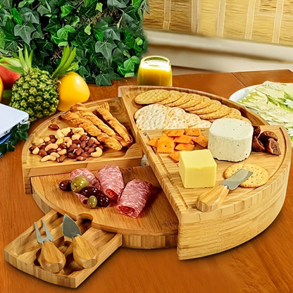Bamboo Cheese Board Set with 2 Knives – Wood Charcuterie Platter Pizza Board Fruit Snack for Home Cooking, Dining and Outdoor Meals