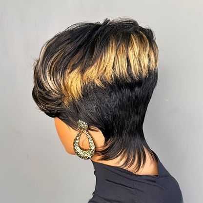 Synthetic Wig 4-Inch Layered Pixie with Bangs, Black-Blonde Look and Rose Net Cap for Daily Style