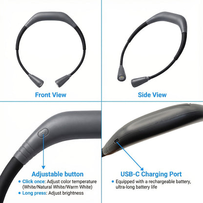 LED Neck Reading Light USB Rechargeable, 3 Color Modes Adjustable Brightness Hands-Free Book Light for Reading in Bed