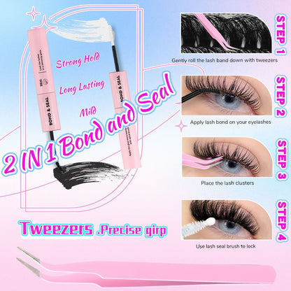 DIY Lash Clusters Gift Set 30D-100D Mixed Length Soft Fluffy Volume Cluster Lashes with Tweezers & Mascara