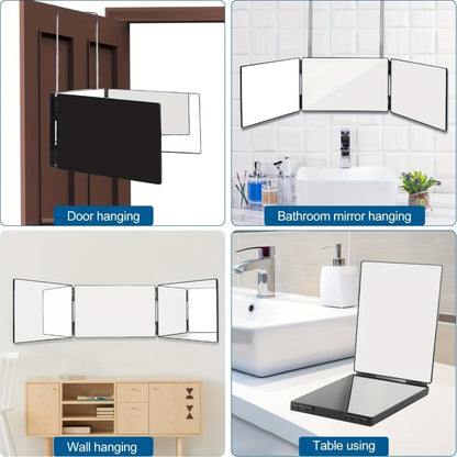 Three-Way Folding Mirror for Haircutting 360° View Anti-Fog HD Glass Height-Adjustable Telescopic Hook – Foldable Three-Sided Mirror