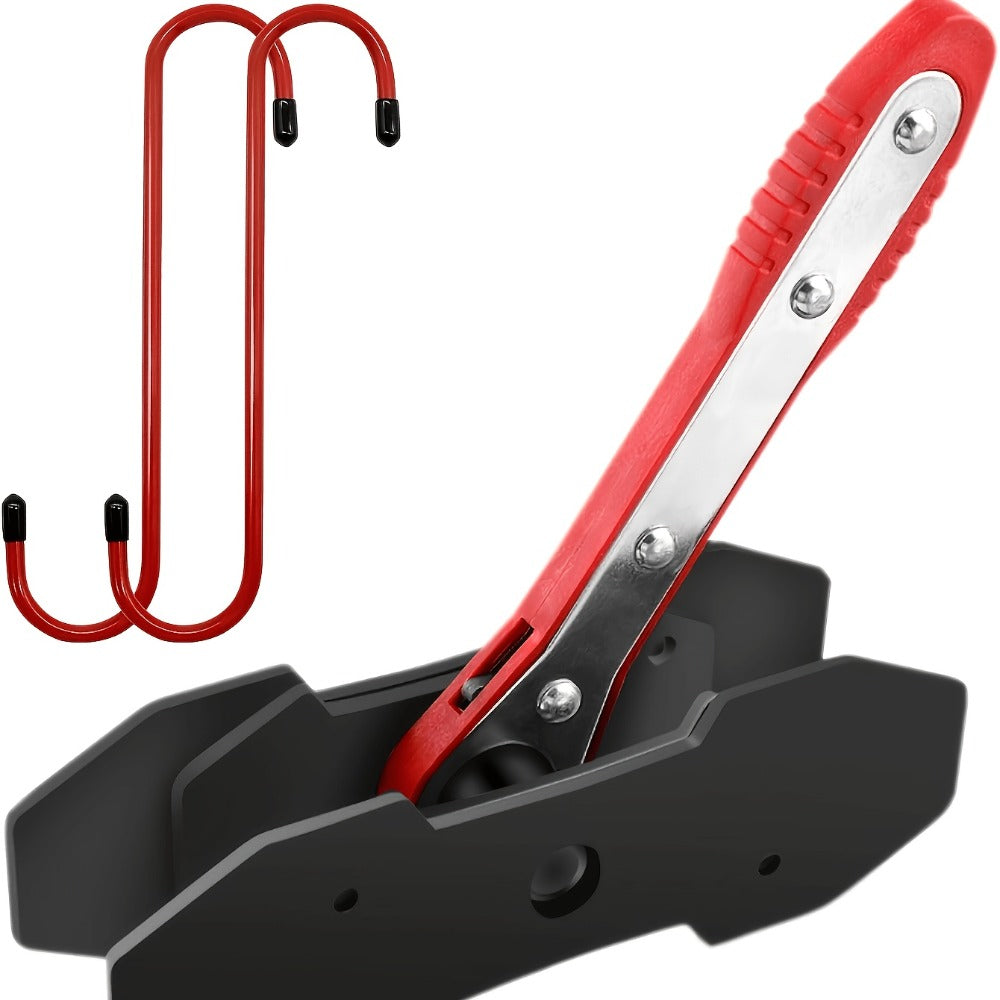 Red-Handle Brake Caliper Piston Press with Channel Plates and Two- or Five-Hook Bundles Pictured