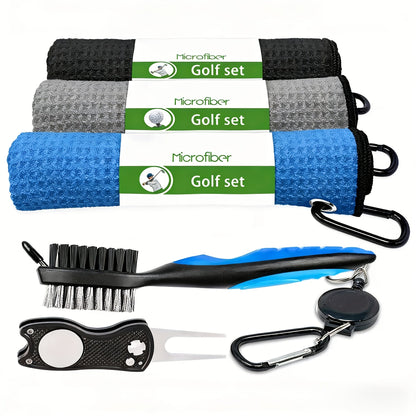 Five-Piece Golf Cleaning Set with Three Waffle Towels, Dual-Bristle Club Brush and Retractable Divot Tool