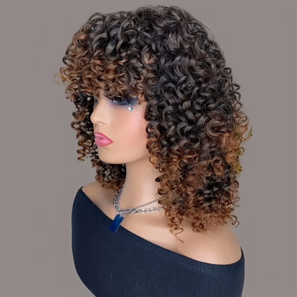 Synthetic Wig 14-Inch Deep-Wave Curly Bob with Bangs, Glueless Elastic-Band Cap for Daily Styling