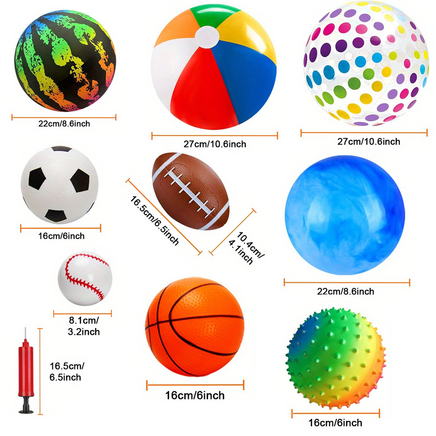 Kids Playground Balls Set 9 Pack with Air Pump – Inflatable Assorted Sports Balls for Outdoor & Indoor Play | Soccer, Basketball, Football