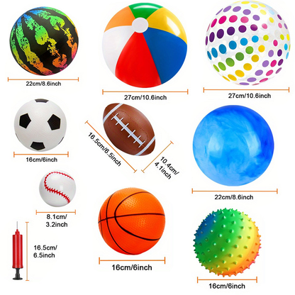 Kids Playground Balls Set 9 Pack with Air Pump – Inflatable Assorted Sports Balls for Outdoor & Indoor Play | Soccer, Basketball, Football