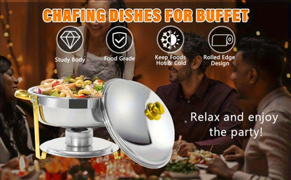 Golden Chafing Dish Buffet Set with Glass Lid 6QT Round Stainless Steel Food Warmer Chafer for Catering Party Dinners Weddings