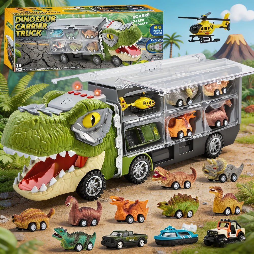 Dinosaur Truck Toy Set 13 PCS, Transport Carrier Truck with Lights & Sounds + 8 Pull-Back Cars + 3 Die-Cast Dino Vehicles + Helicopter