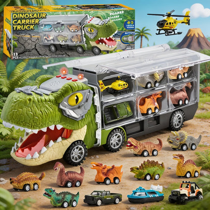 Dinosaur Truck Toy Set 13 PCS, Transport Carrier Truck with Lights & Sounds + 8 Pull-Back Cars + 3 Die-Cast Dino Vehicles + Helicopter
