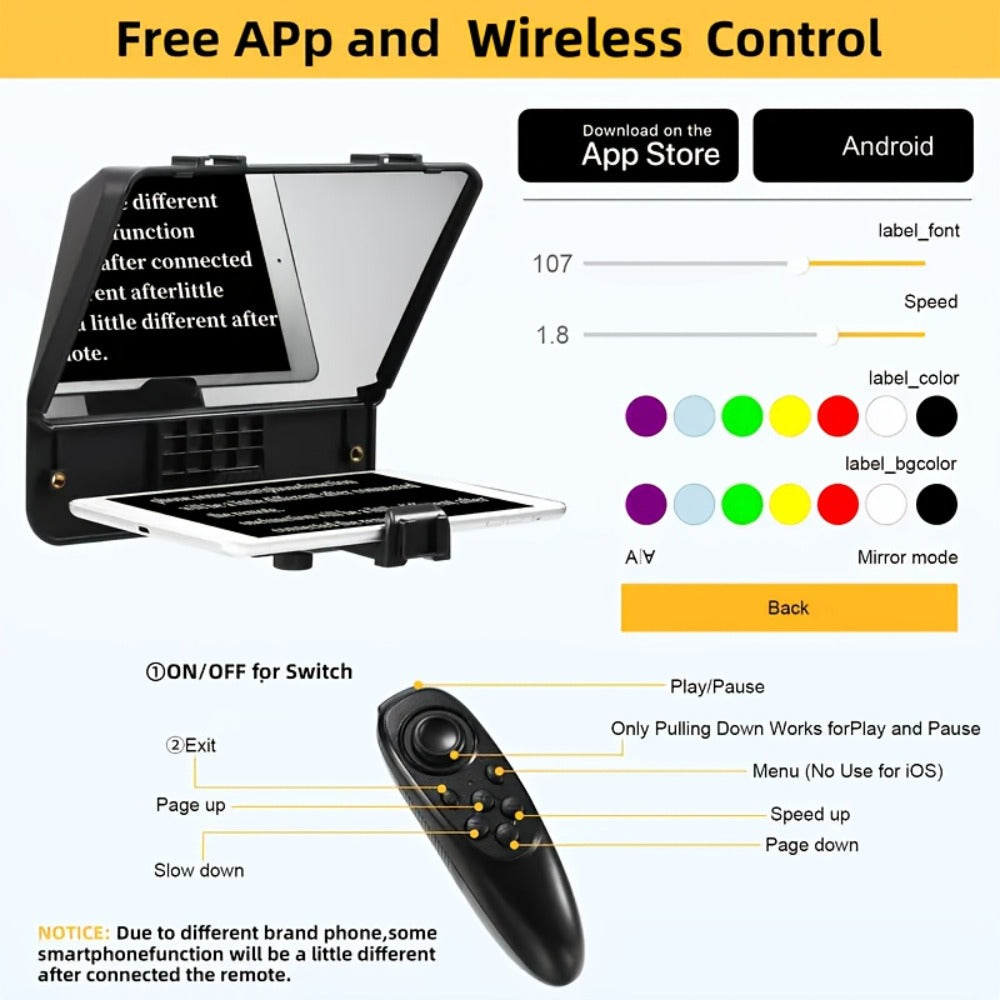 A10 Portable Teleprompter for Smartphone & DSLR Camera, Phone Holder & Remote Control for Video Recording
