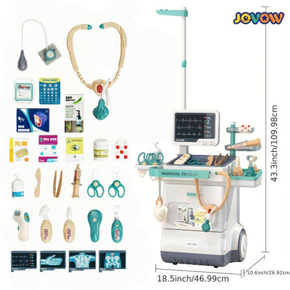 Kids Doctor Kit with Medical Cart Set, Movable Toy Trolley, Stethoscope, Thermometer & Accessories
