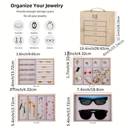 Jewelry Box, Five-Tier PU-Leather Organizer with Built-In Mirror, Key Lock and Three Color Options