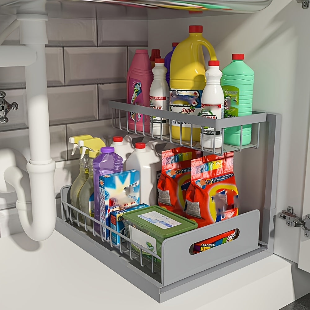 Under Sink Storage Organizer 2-Tier Sliding Metal Shelf in 1-Pack or 2-Pack, Black, White or Gray