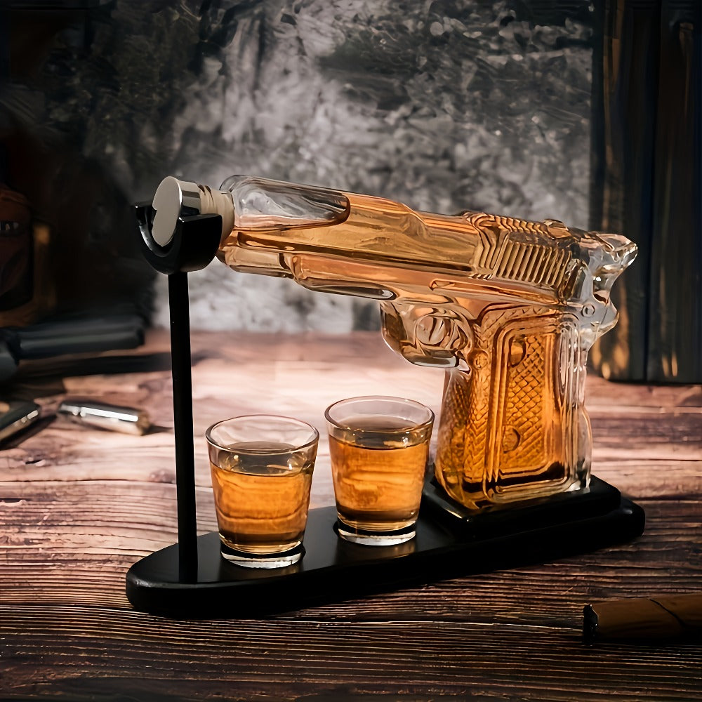 Whiskey Gun Decanter Set 10oz with 2 Bullet Shot Glasses & Wooden Stand, Handgun Shaped Liquor Decanter for Home Bar