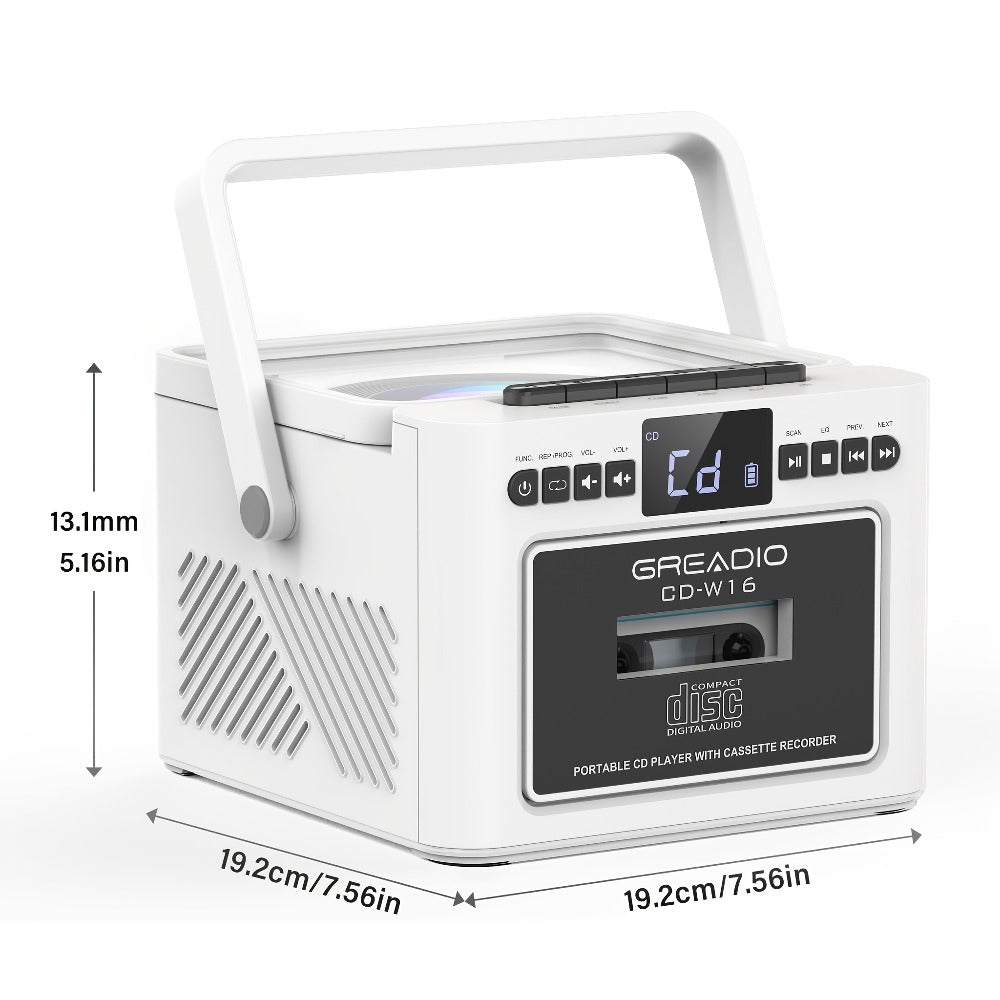Boombox CD Cassette Player Rechargeable 5000mAh Battery 5W Dual Stereo Speakers FM Radio Tape Recording AUX SD USB 3.5mm Jack Portable Home