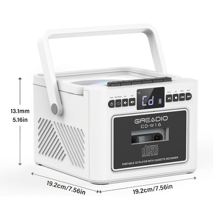 Boombox CD Cassette Player Rechargeable 5000mAh Battery 5W Dual Stereo Speakers FM Radio Tape Recording AUX SD USB 3.5mm Jack Portable Home