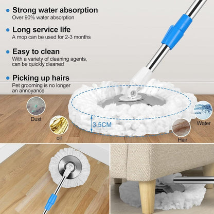 360 Spin Mop and Bucket Set with Wringer – Stainless Steel Extended Handle Spinning Mop Bucket System with Microfiber Mop Refills