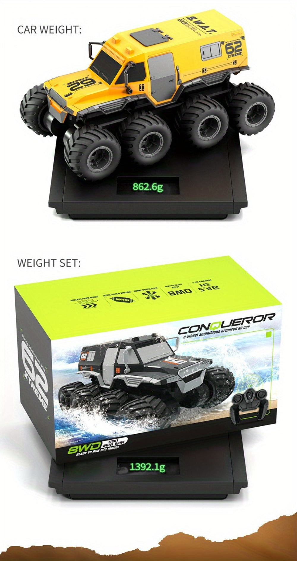 Amphibious RC Truck 8-Wheel Drive 4-Motor Off-Road Climbing Remote Control Armored Vehicle, Oversized Land & Water Military Truck Toy