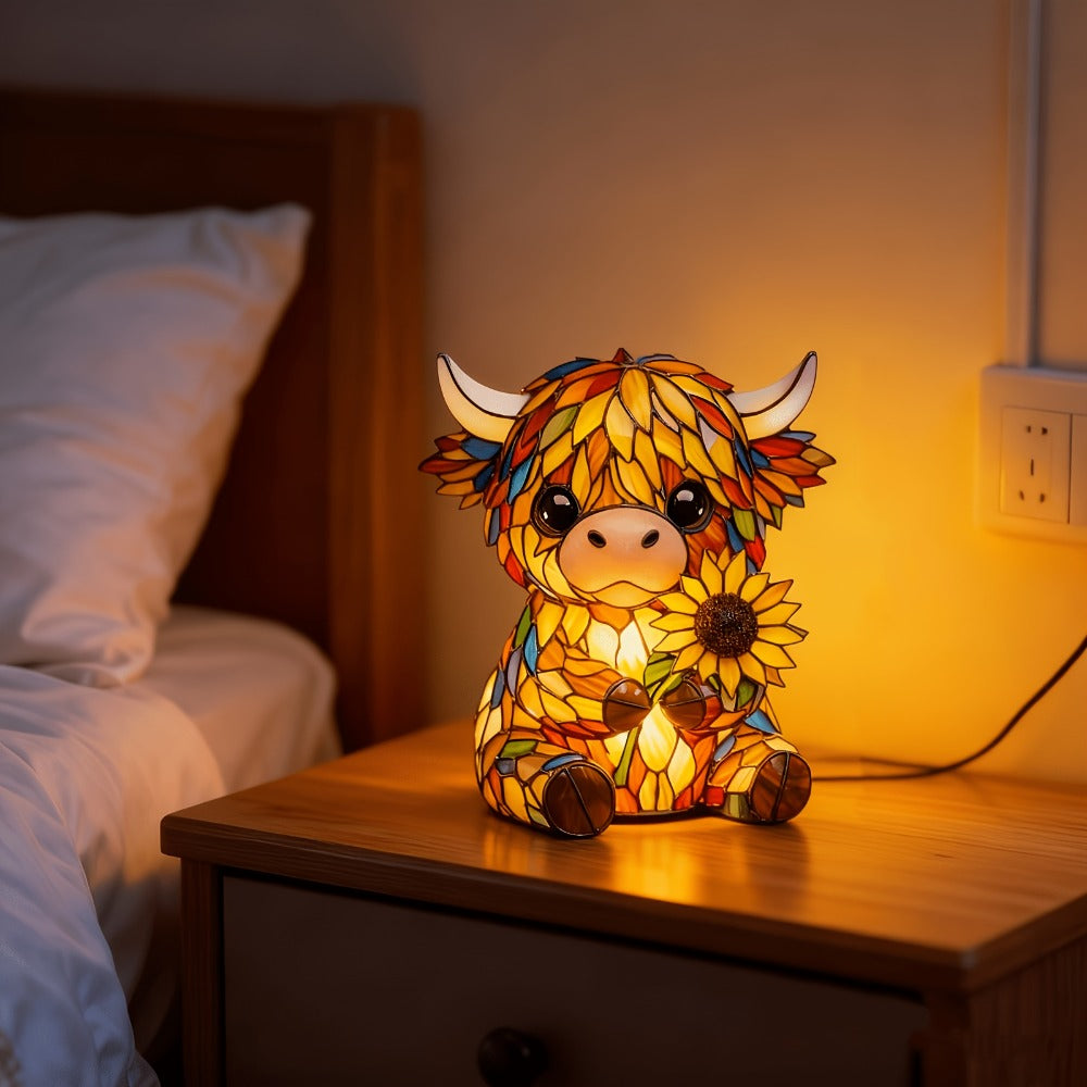 Highland Cow Desk Lamp USB Powered Cute Cow Night Light Handcrafted Sunflower Design Bedroom for Entryways, Bedrooms and Living Spaces