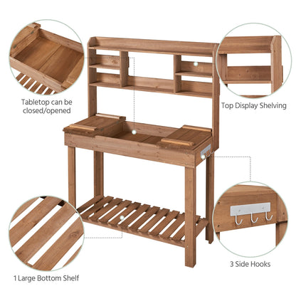 Potting Bench Table Fir Wood Iron Frame Switchable Top Integrated Sink 3-Tier Display Rack Storage Shelf for Garden, Patio and Yard Use