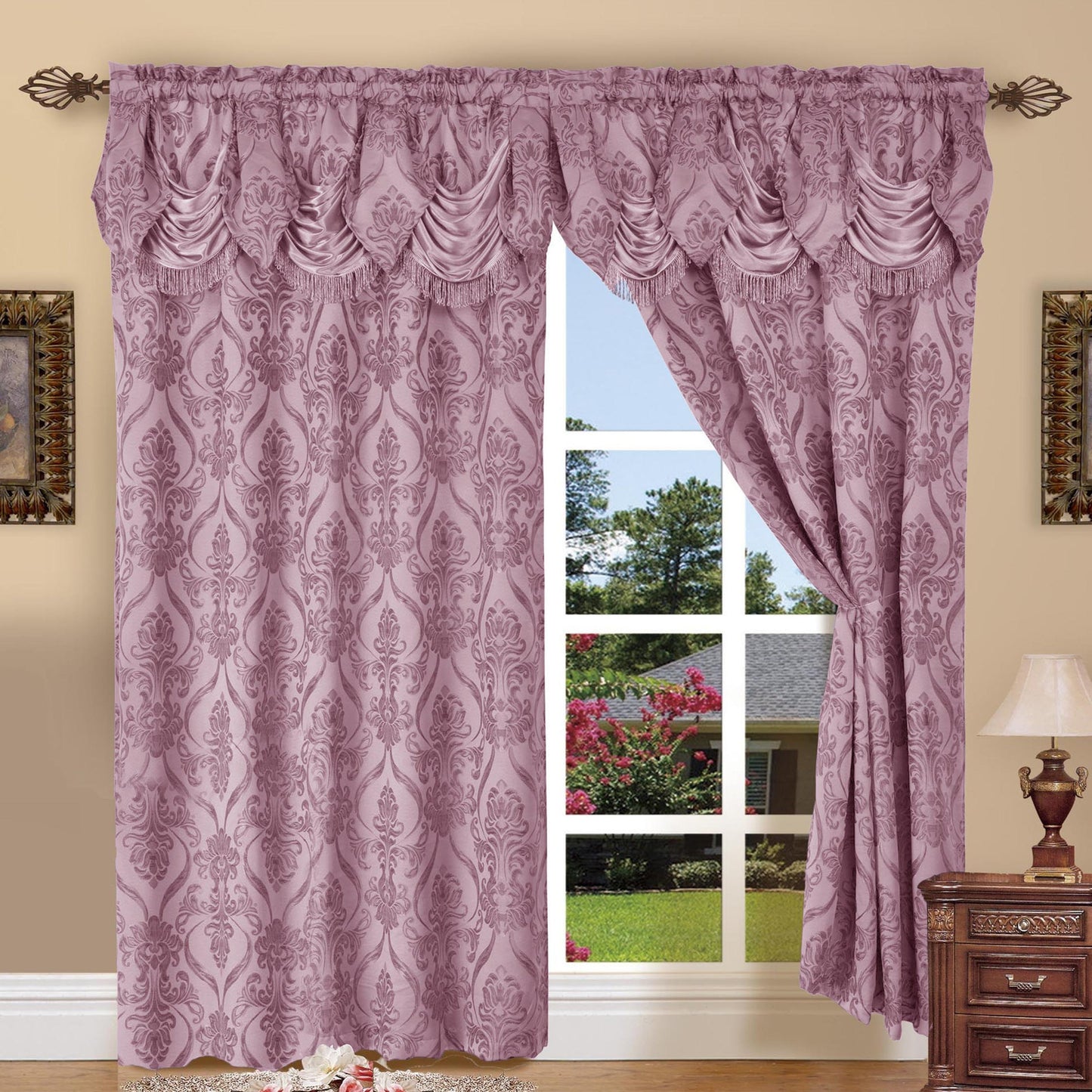 Jacquard Curtain Panels 2-Piece Set 54x84 Inch with Attached Waterfall Valance - Rod Pocket Room Darkening Luxury Window Curtains