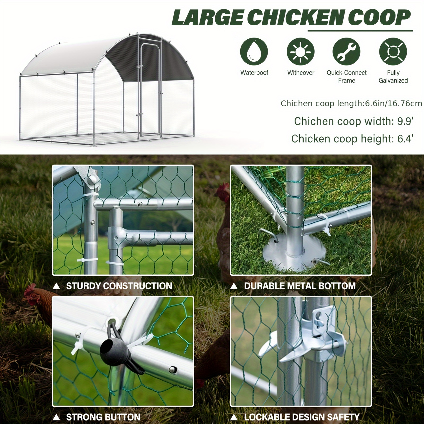 Walk-in Chicken Pen Large Metal Outdoor Poultry Enclosure Cover Yard Cage for Chickens Ducks Rabbits 3 Sizes Available